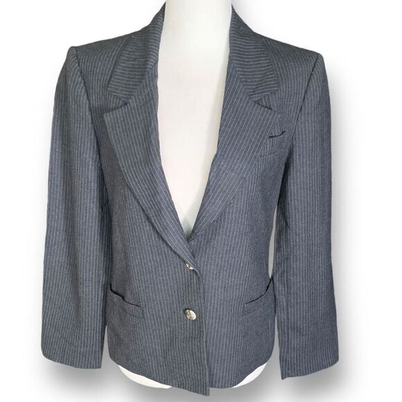 Vintage 80s Wool Pinstripe Blazer Jacket Dark Gray Oversized Structured Size 6 - Picture 1 of 12